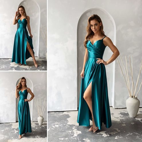 Sukienka długa satyna rozkloszowana zieleń