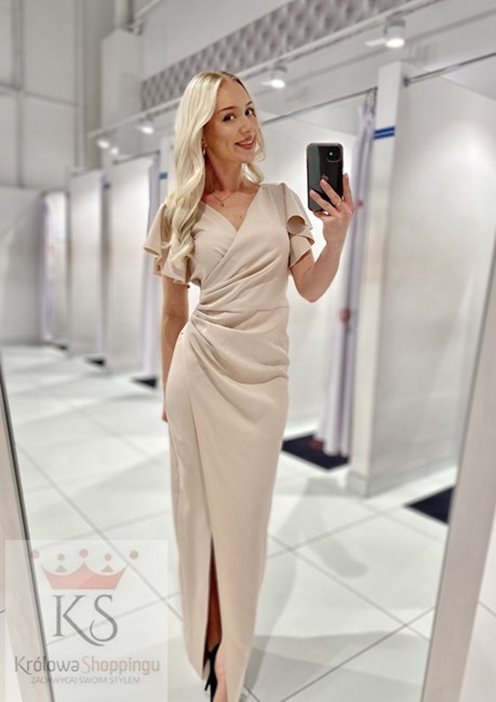 Sukienka długa dopasowana falbana rękaw beż