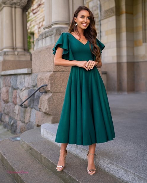 Sukienka midi gładka rękaw falbanki zielony