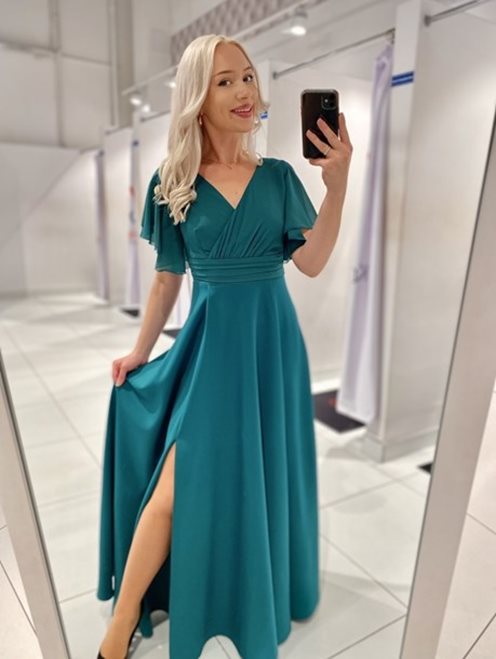 Sukienka długa z rękawkami i pasem zieleń