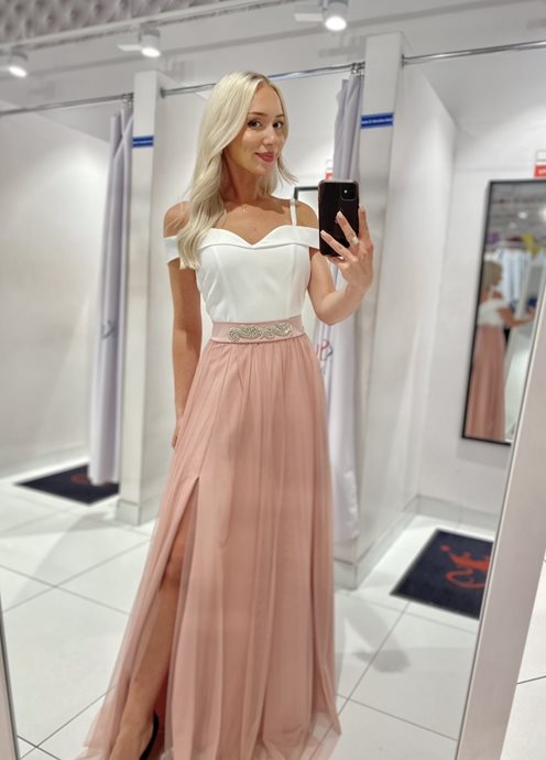 Sukienka długa hiszpanka z tiulem biel-róż