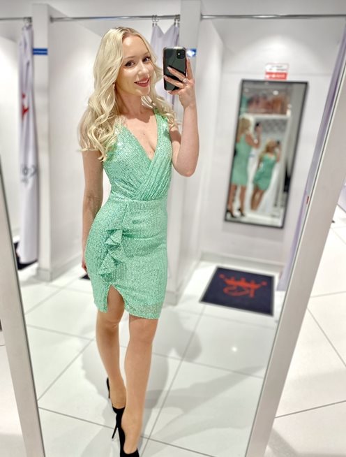 Sukienka krótka marszczenie cekiny mięta