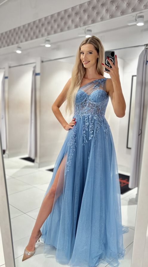 Sukienka długa tiul asymetria kwiaty brokat błękit