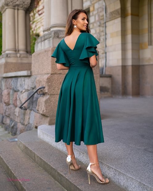 Sukienka midi gładka rękaw falbanki zielony