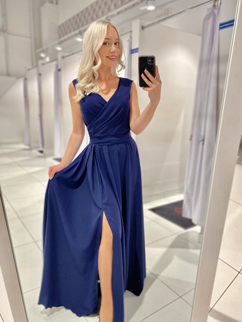 Sukienka długa dekolt na zakładkę zwiewna granat