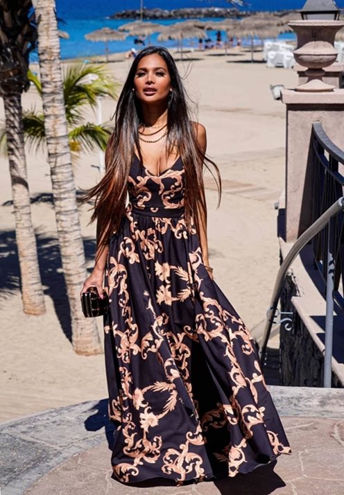 Długa sukienka dwa rozcięcia wzory czarny/złoty