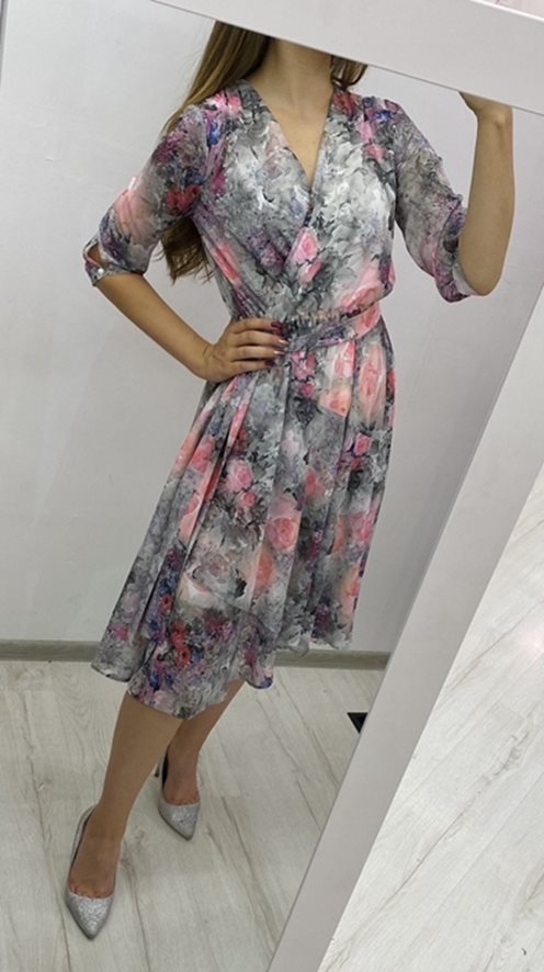 Sukienka midi z gumką rękaw 3/4 szara