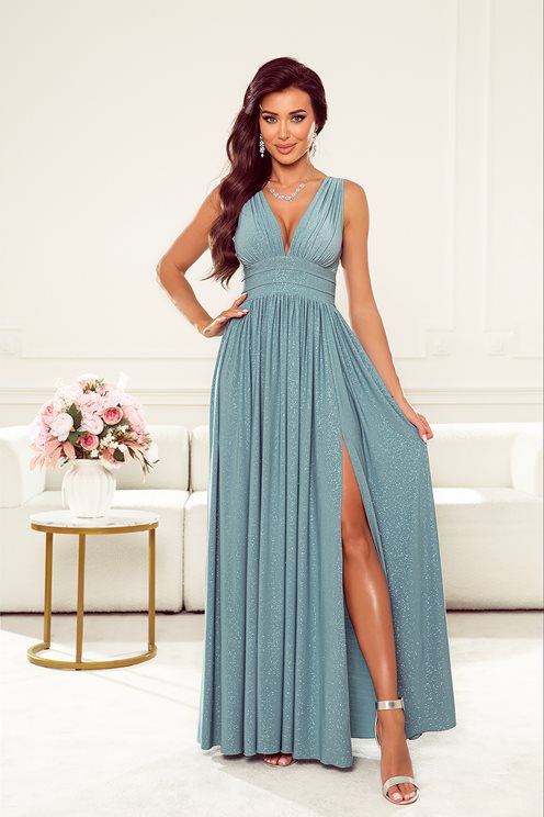 Długa sukienka odcinana  brokat pistacja