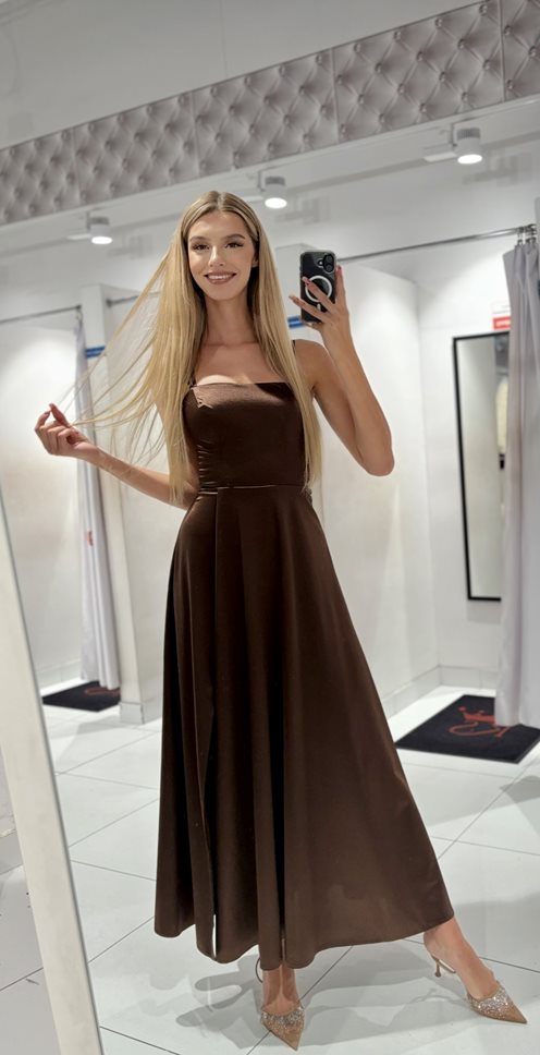 Sukienka długa satyna wiązane plecy czekolada
