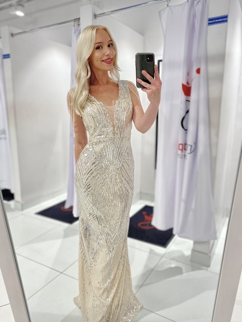 Sukienka długa cekinowa z koralikami beż