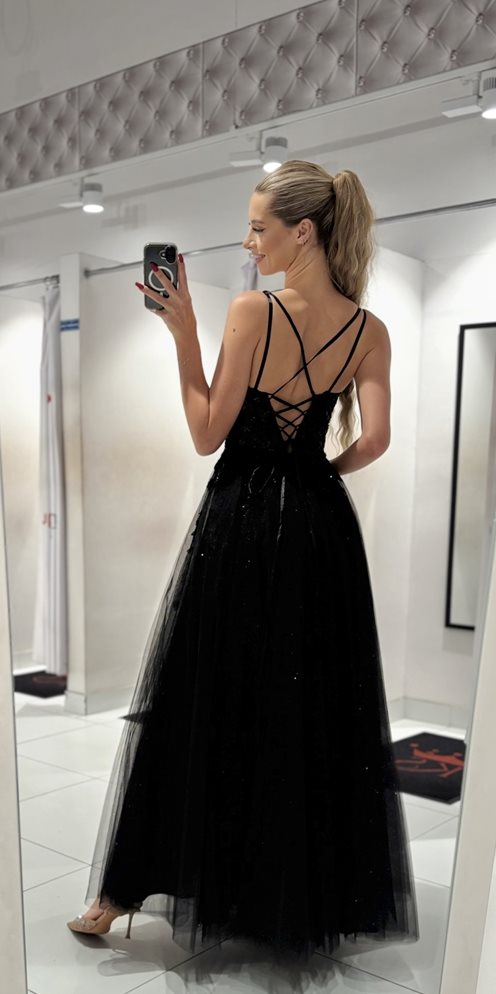 Sukienka długa tiulowa brokat kwiatki gorset czerń