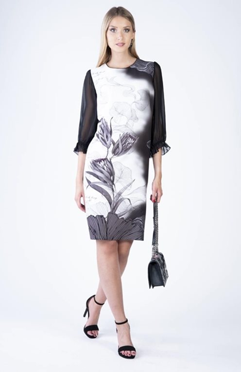 Sukienka krótka z rękawem print kwiaty czerń