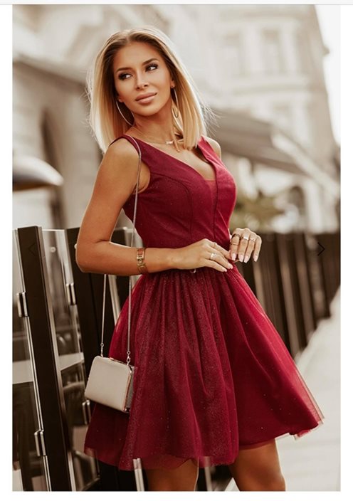 Sukienka krótka szerokie ramiączka połysk bordo