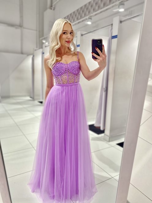 Sukienka długa tiulowa gorset kamyczki lilia