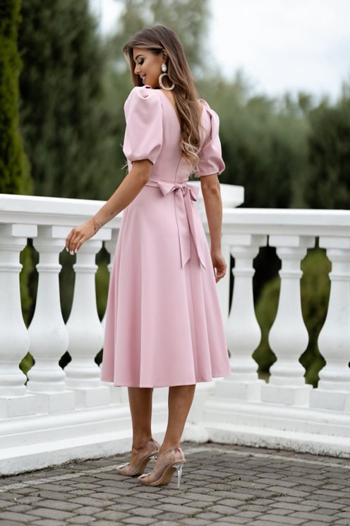 Sukienka midi bufiaste rękawki pudrowy róż