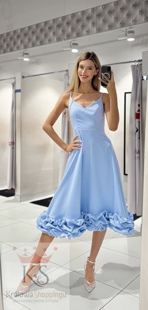 Sukienka midi ramiączka dół klosz falbana błękit