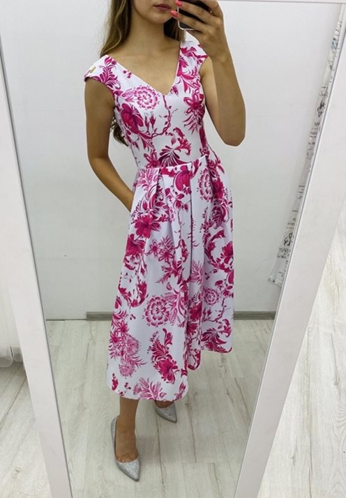 Sukienka midi kwiaty biało różowa