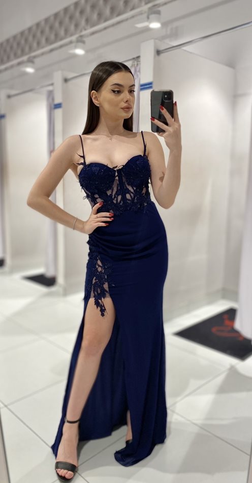 Sukienka długa gorset haftowane kwiaty granat