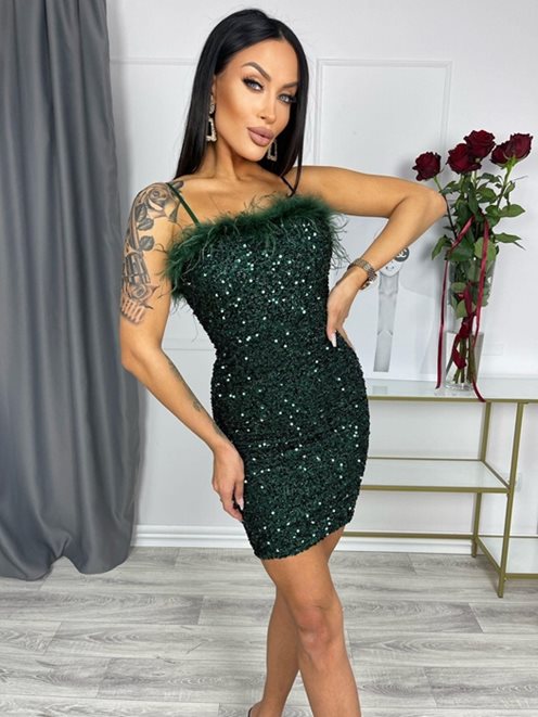 Sukienka krótka z piórkami zielona