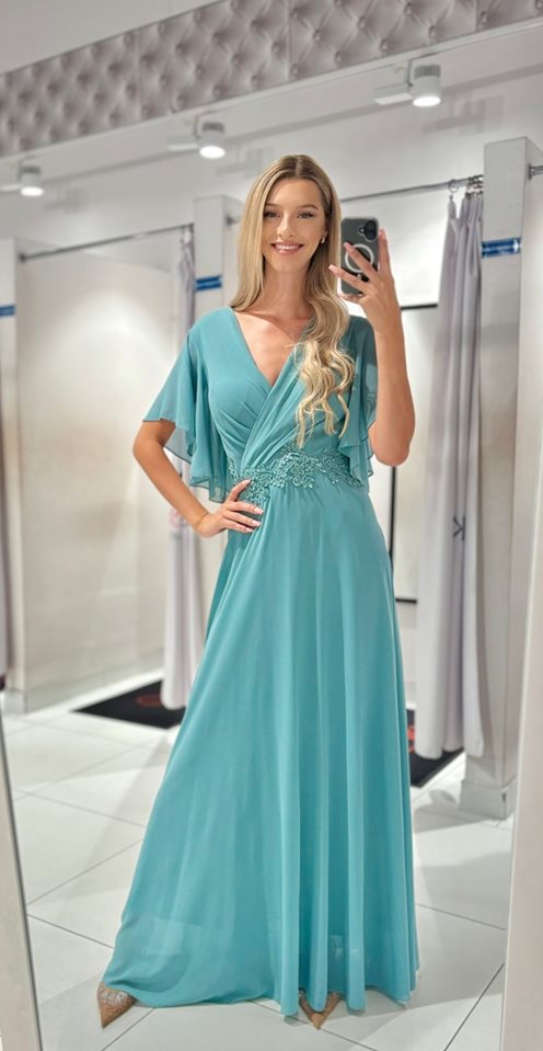 Sukienka długa szyfonowa rękawek motylek szałwia