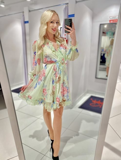 Sukienka krótka na gumce kwiaty mięta