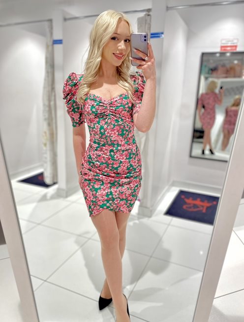 Sukienka krótka rękawek kwiatki róż-zieleń