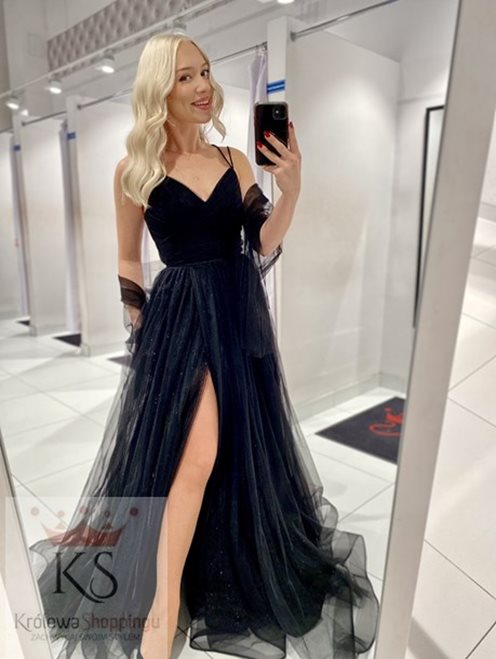 Sukienka długa tiulowa marszczona z przodu czerń