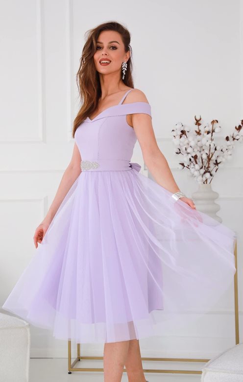 Sukienka midi hiszpanka z tiulem lila