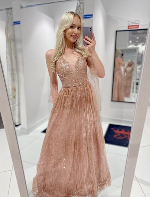 Długa sukienka zdobienia i brokat po całości róż