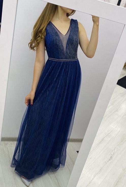 Długa sukienka błyszcząca tiul granat