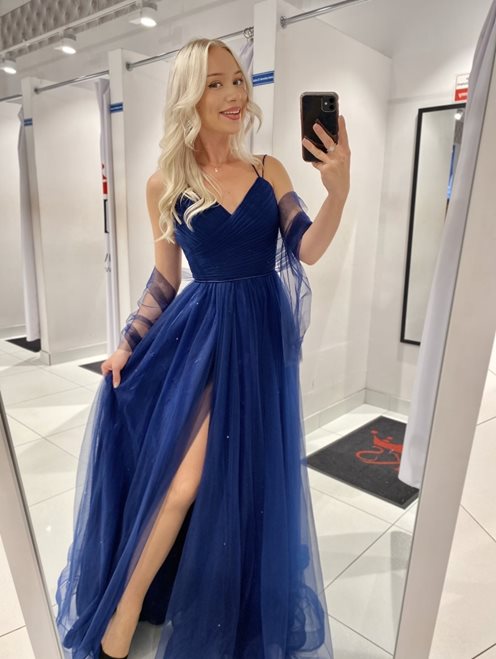 Sukienka długa tiulowa marszczona z przodu granat