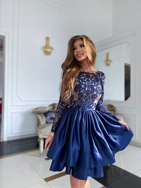 Sukienka długi rękaw koronkowy satyna granat