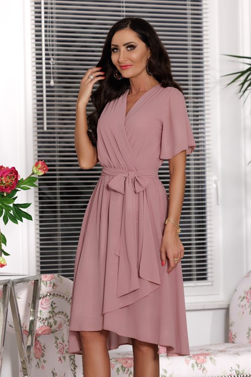 Sukienka midi na gumce brokatowa róż