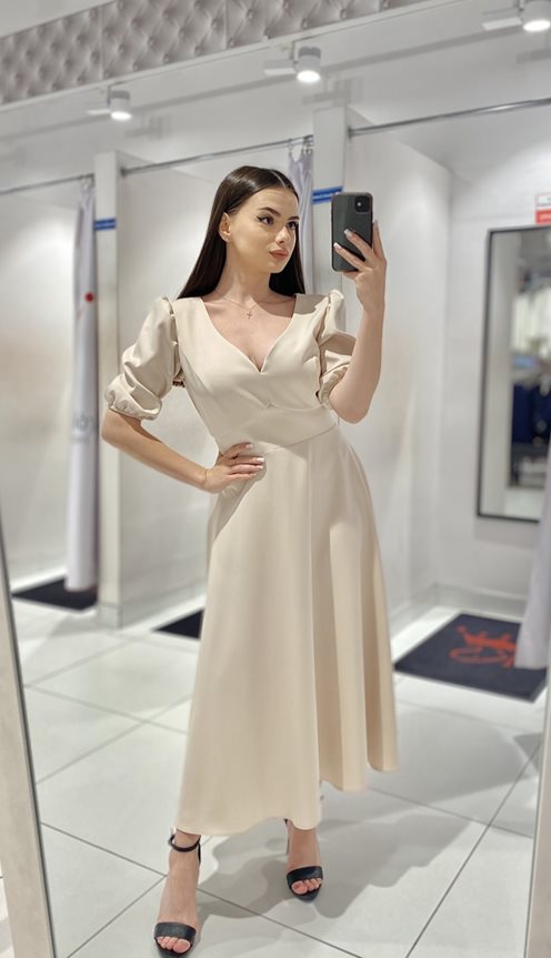 Sukienka midi rękawek wiązanie tył beż