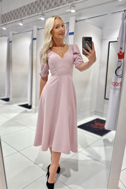 Sukienka midi rękawek wiązanie tył pudrowy róż