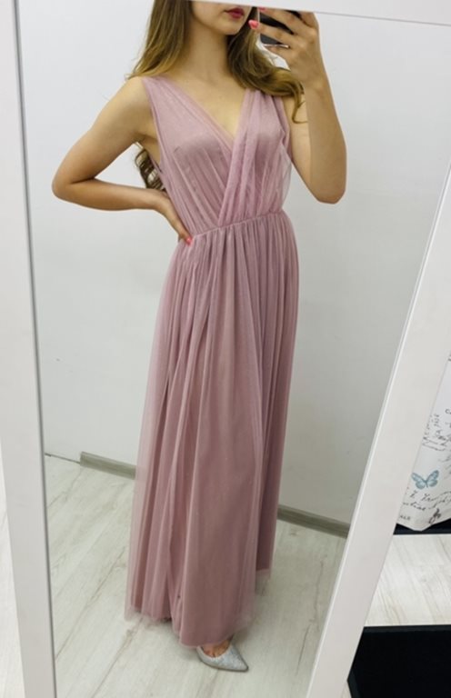 Sukienka długa tiulowa błyszcząca ramiączka róż