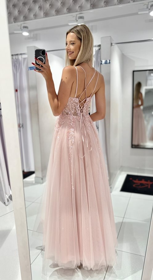 Sukienka długa tiul cekiny gorset pudrowy róż
