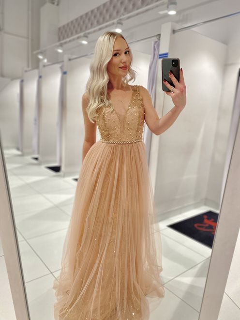 Sukienka tiulowa brokatowa perły złoto