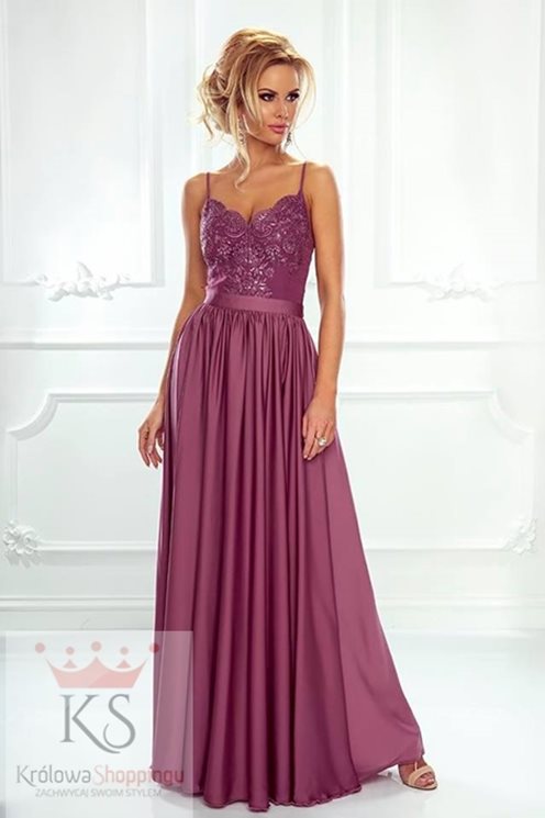 Długa sukienka na cienkich ramiączkach jagoda