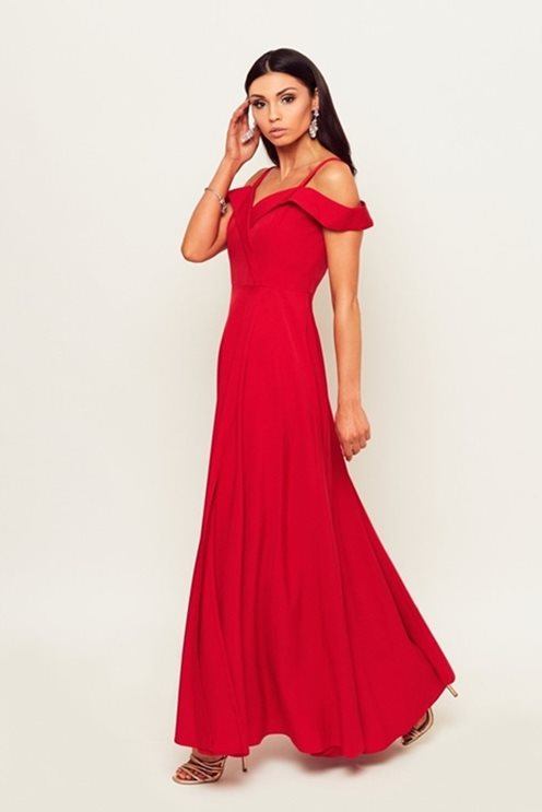 Długa sukienka opadające ramiona czerwona