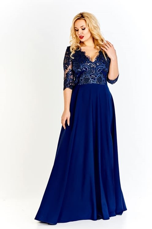 Długa sukienka cekiny rękaw 3/4 granat