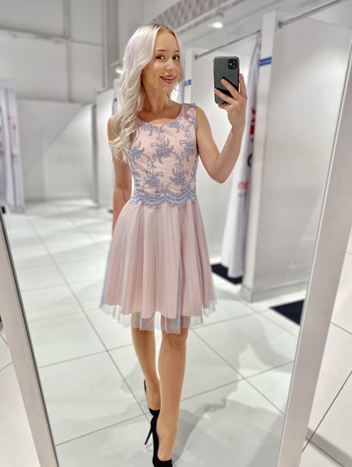 Sukienka koronka plisowana spódnica róż-szary