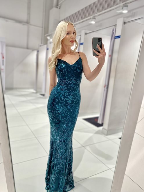 Sukienka długa dopasowana cekiny ramiączka zieleń