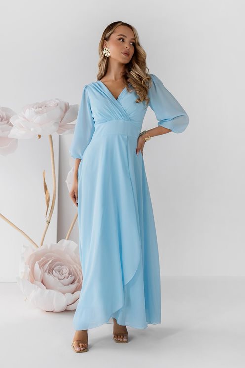 Sukienka długa zwiewna szyfon rękaw 3/4 błękit