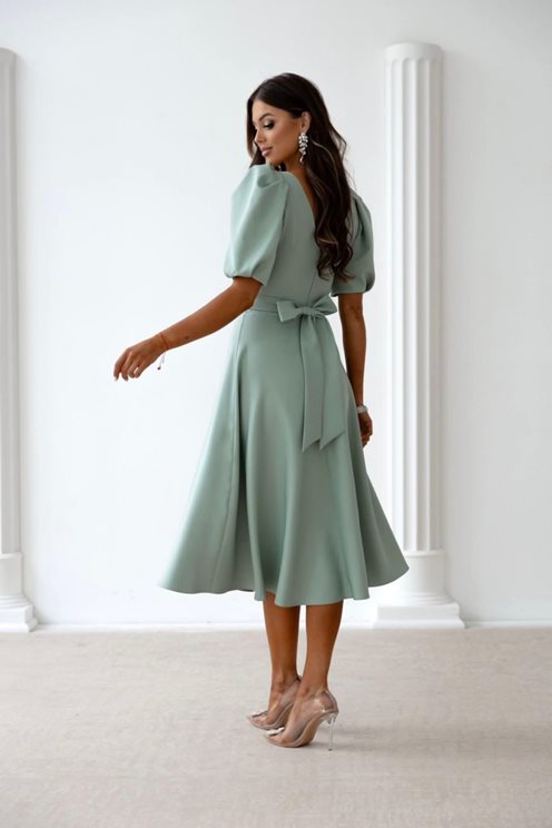 Sukienka midi dekolt bufiaste rękawki szałwia