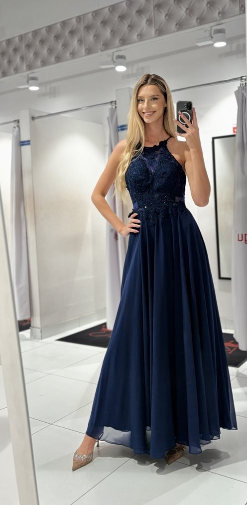 Długa sukienka na ramiączkach granat