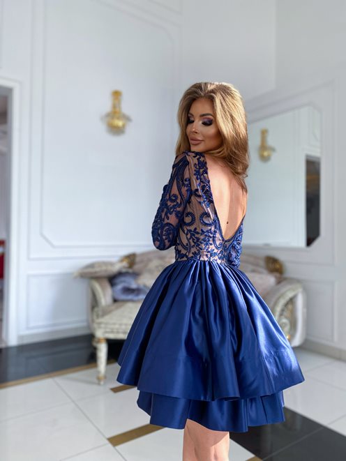 Sukienka długi rękaw koronkowy satyna granat