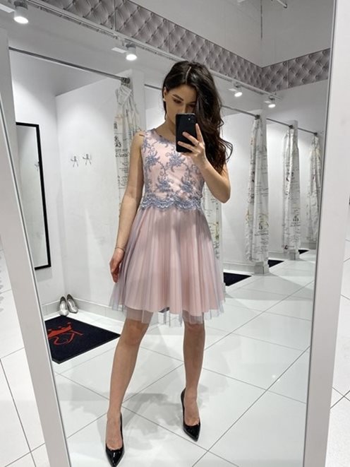 Sukienka koronka plisowana spódnica róż-szary