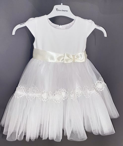 Sukienka dziecięca tiul i aplikacja kwiatowa biel