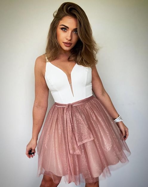 sukienka krótka połysk tiul brzoskwinia